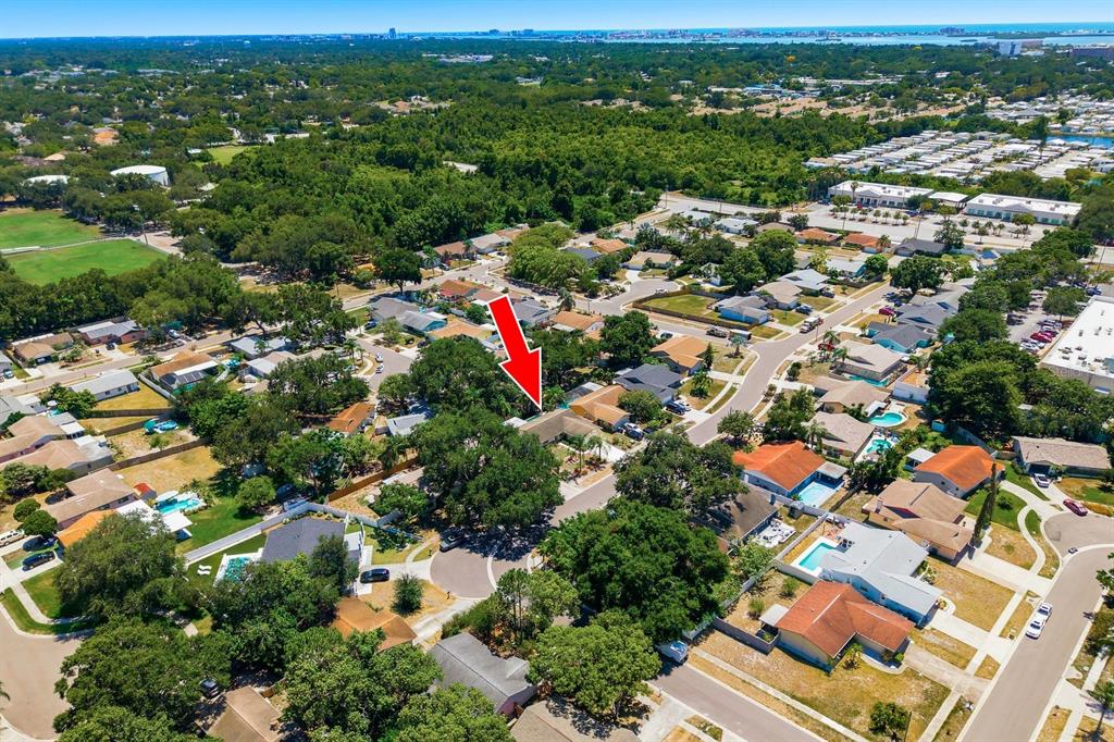 An aerial view shows a suburban neighborhood with a red arrow pointing to a house — 1635 BRANDYWINE WAY, DUNEDIN, FL