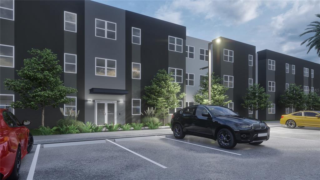 This is a digital rendering of a modern apartment building exterior with a parking lot — 4424 S TEXAS AVENUE, ORLANDO, FL