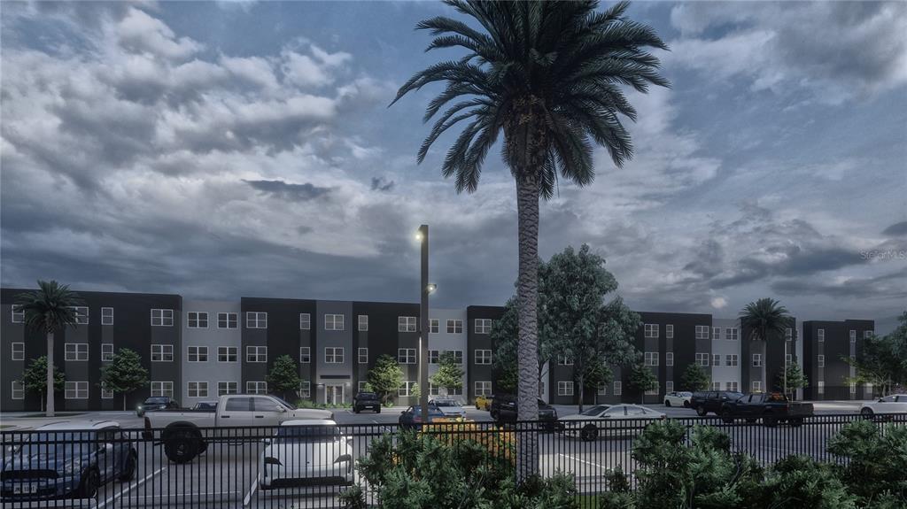 This is a digital rendering of a modern apartment building exterior with a parking lot — 4424 S TEXAS AVENUE, ORLANDO, FL