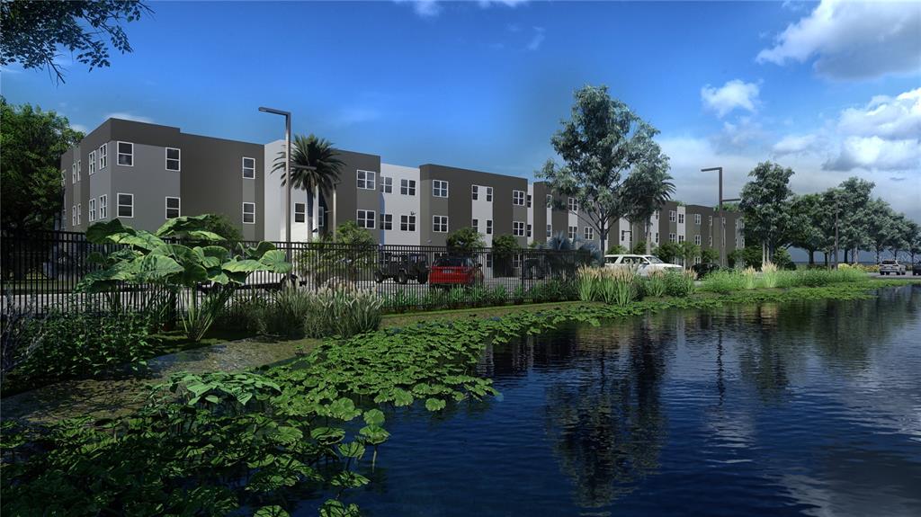 This is a digital rendering of a multi-story apartment building situated beside a pond — 4424 S TEXAS AVENUE, ORLANDO, FL