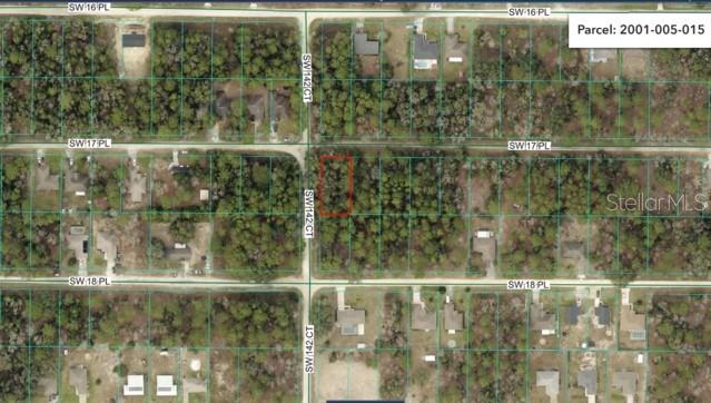This aerial map shows a vacant, wooded residential lot outlined in red near a road intersection — SW 142 CT/ SW 17 PL, OCALA, FL