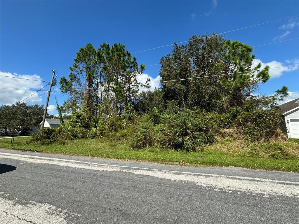 A vacant, overgrown lot sits between two houses along a paved road under a blue sky — 310 CARDIFF DRIVE, POINCIANA, FL
