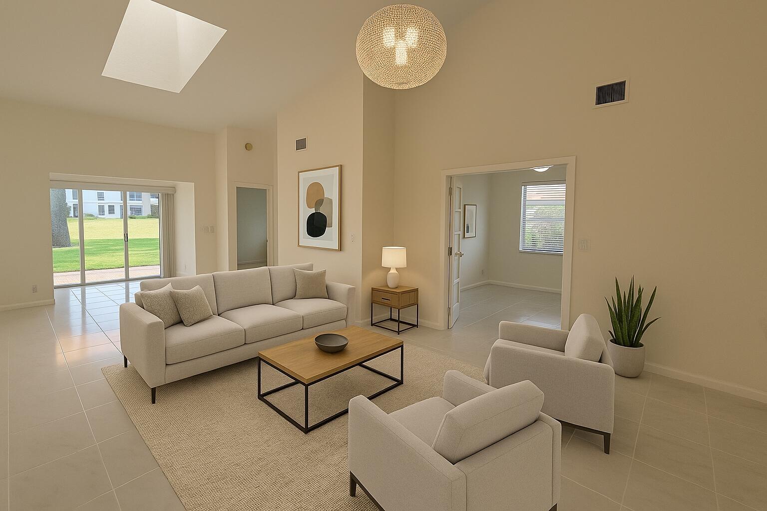This is a virtual staging rendering of a living room with tile floors and vaulted ceilings — 5622 Royal Lake Circle, Boynton Beach FL 33437, BOYNTON BEACH, FL
