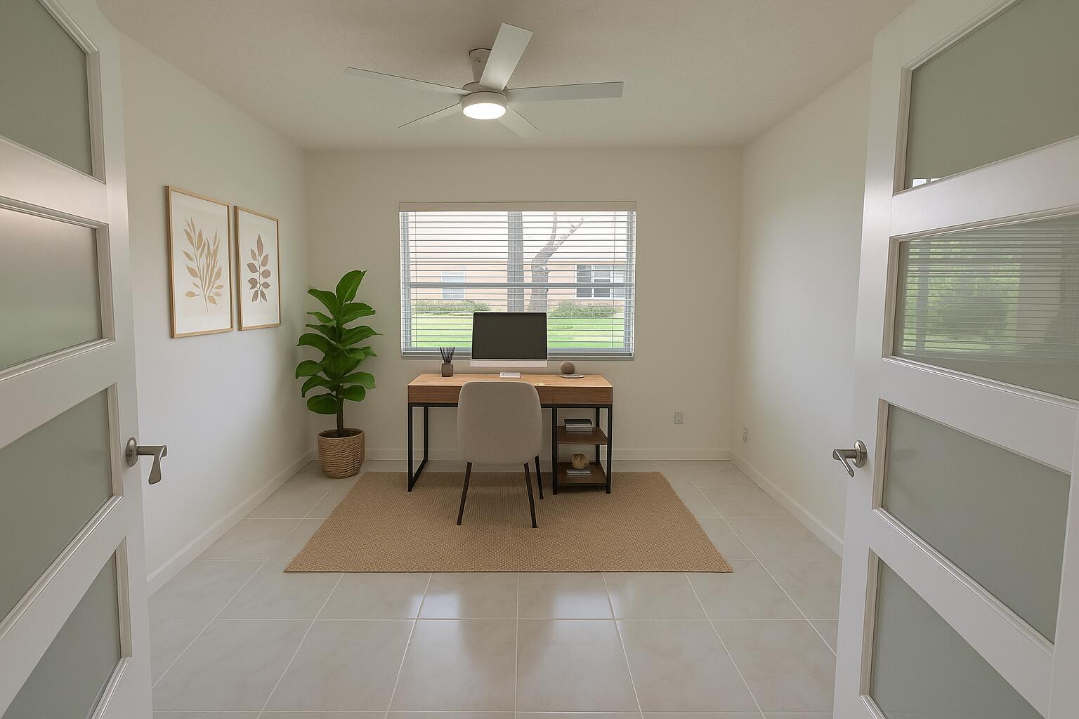 A home office with a desk, chair, area rug, potted plant, and frosted glass double doors — 5622 Royal Lake Circle, Boynton Beach FL 33437, BOYNTON BEACH, FL