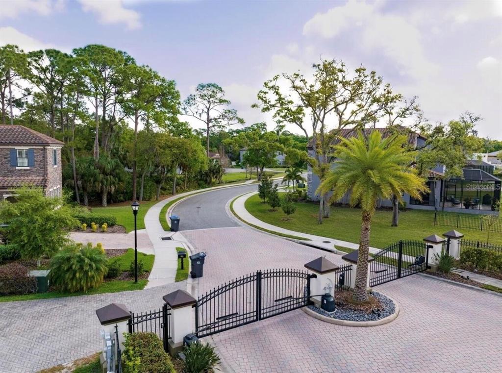 An aerial view shows a gated entrance to a residential neighborhood with paved roads — 7849 MARSH POINTE DRIVE, TAMPA, FL