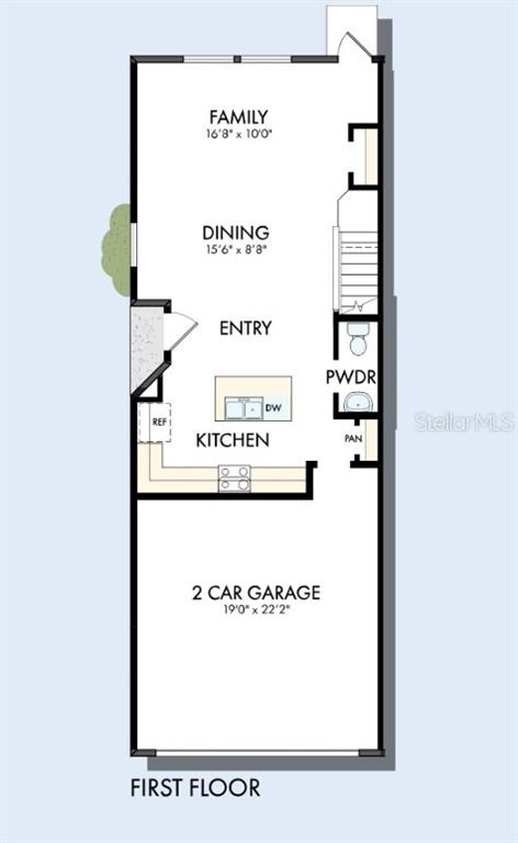 This is a floor plan of a home's first level featuring a garage and open-concept living — 6418 JENSEN VIEW AVENUE, APOLLO BEACH, FL