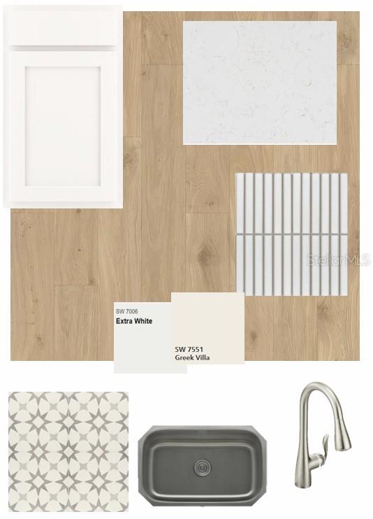 This is a digital design board showing kitchen finish samples including cabinetry, flooring, countertops, and hardware — 6418 JENSEN VIEW AVENUE, APOLLO BEACH, FL