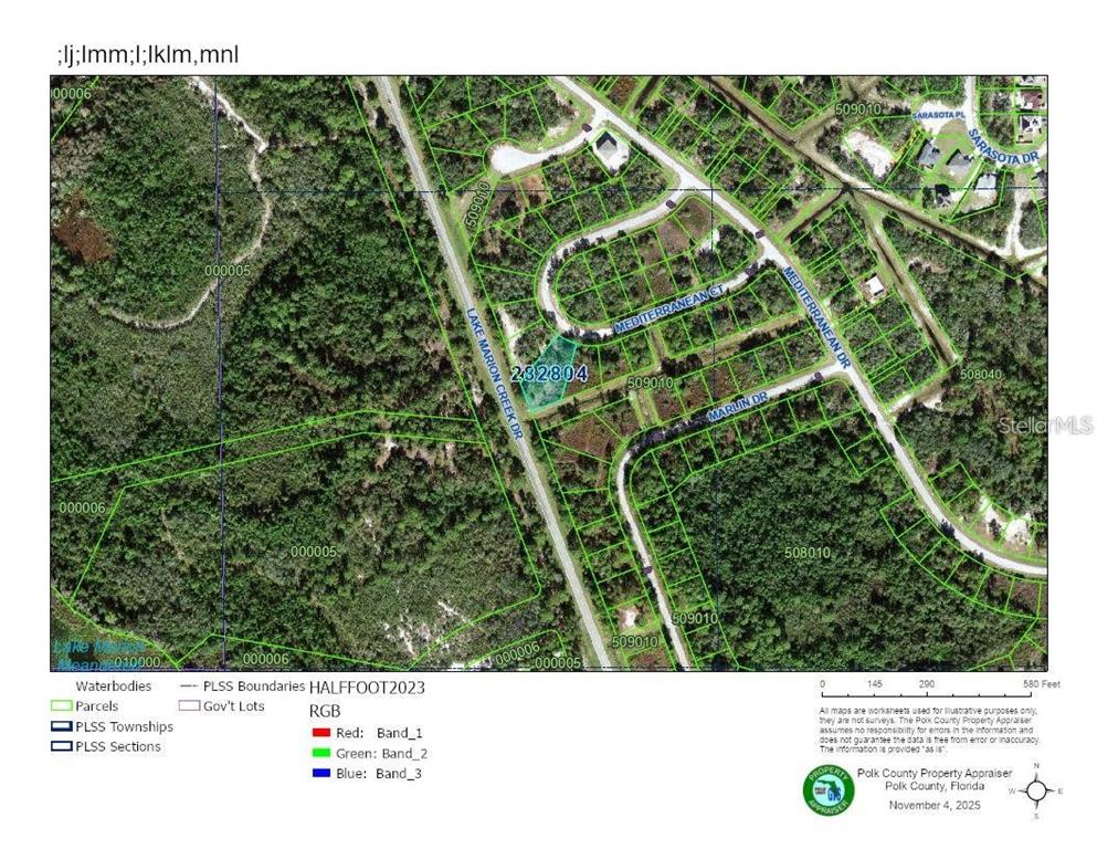 This is a property tax map showing parcel boundaries, roads, and land features in Polk County — MEDITERRANEAN COURT, POINCIANA, FL