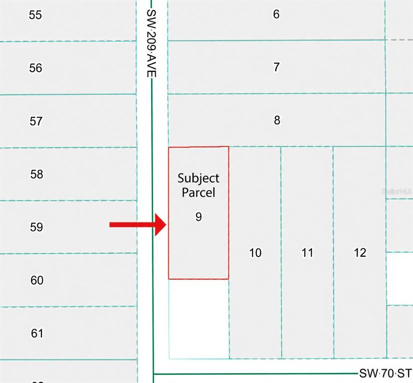 This is a map showing a subject parcel labeled 9 located near SW 209 Ave — TBD SW 209 AVENUE, DUNNELLON, FL