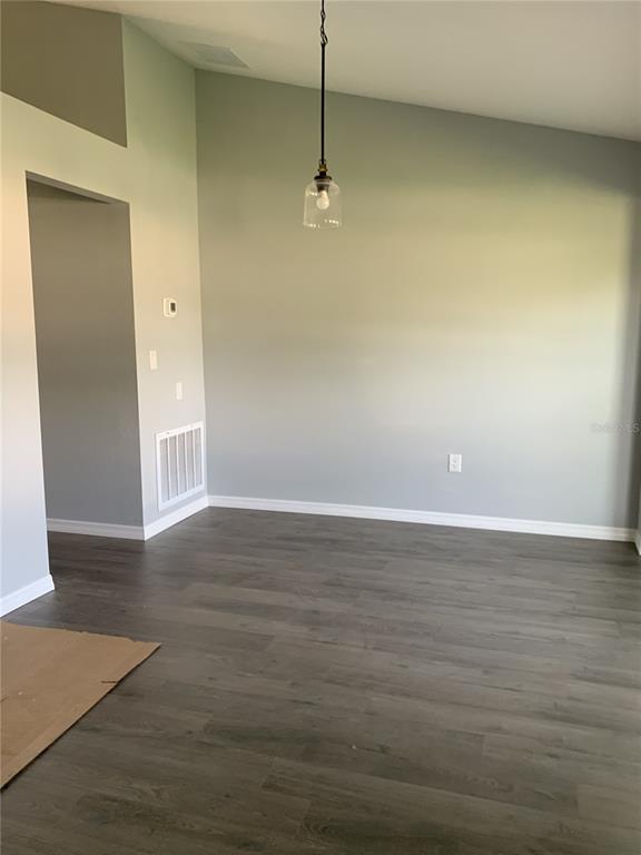 An empty room with gray walls, wood-look flooring, and a single hanging pendant light — 11217 ROMAN STREET, SPRING HILL, FL
