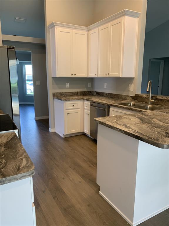 A kitchen features white cabinets, dark marble-patterned countertops, and wood-look flooring — 11217 ROMAN STREET, SPRING HILL, FL