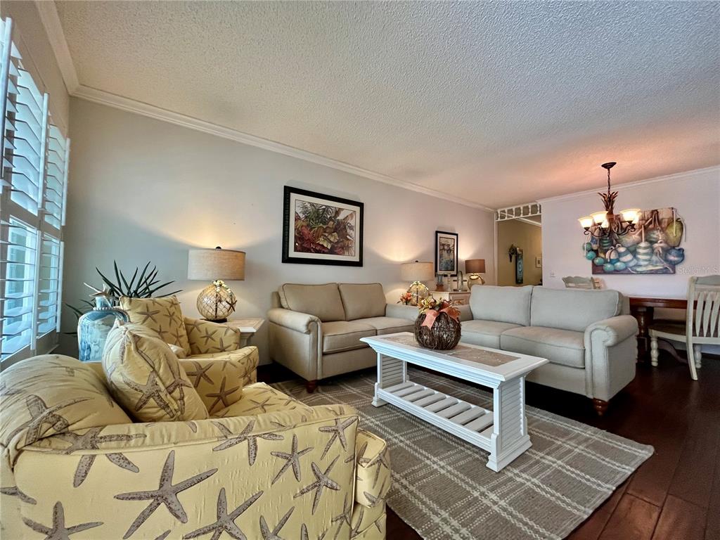 A living room features a starfish-patterned armchair, two beige sofas, and a white coffee table — 2223 PHILIPPINE DRIVE UNIT 9, CLEARWATER, FL