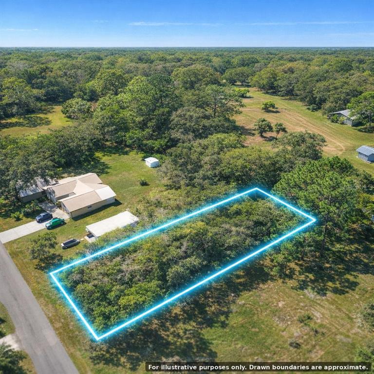 An aerial view shows a rectangular vacant lot outlined in blue next to a house — FLAMINGO ROAD, OAK HILL, FL