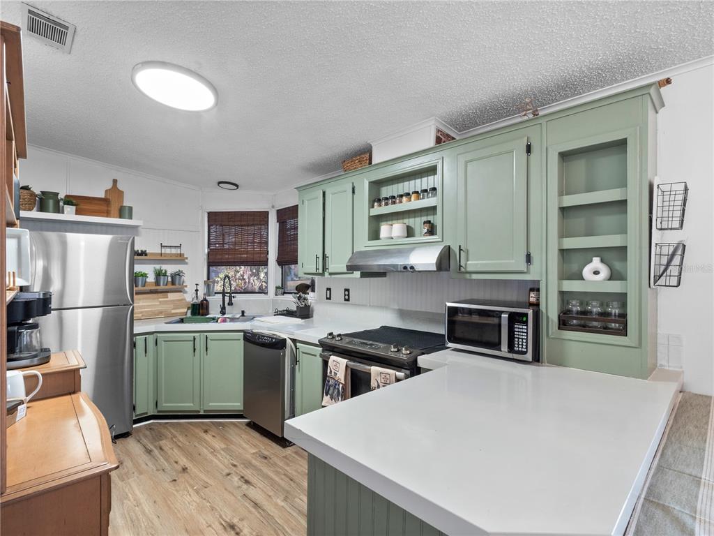 A kitchen features sage green cabinets, white countertops, stainless steel appliances, and wood-look flooring — 216 ELLSWORTH DRIVE, KISSIMMEE, FL