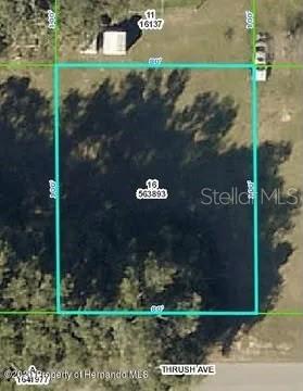 This is an aerial map showing a rectangular plot of land with dimensions labeled — 27275 THRUSH AVENUE, BROOKSVILLE, FL