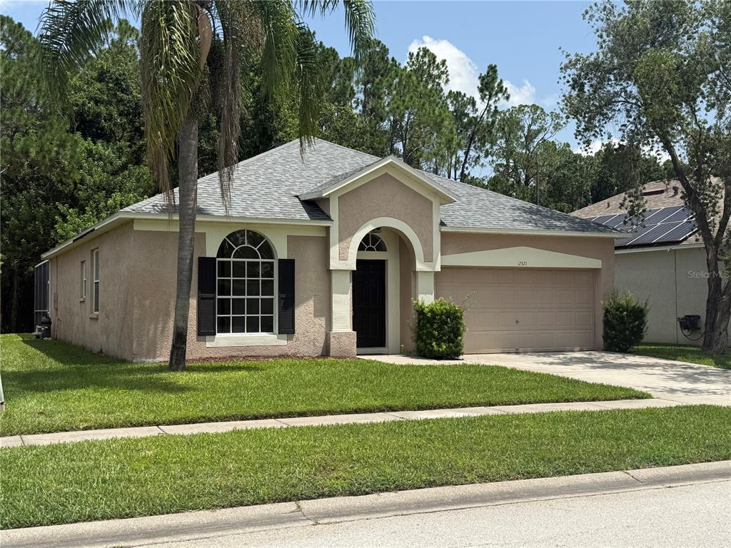 A single-story house with a tan stucco exterior, a gray shingled roof, and a garage — 12521 SPARKLEBERRY ROAD, TAMPA, FL