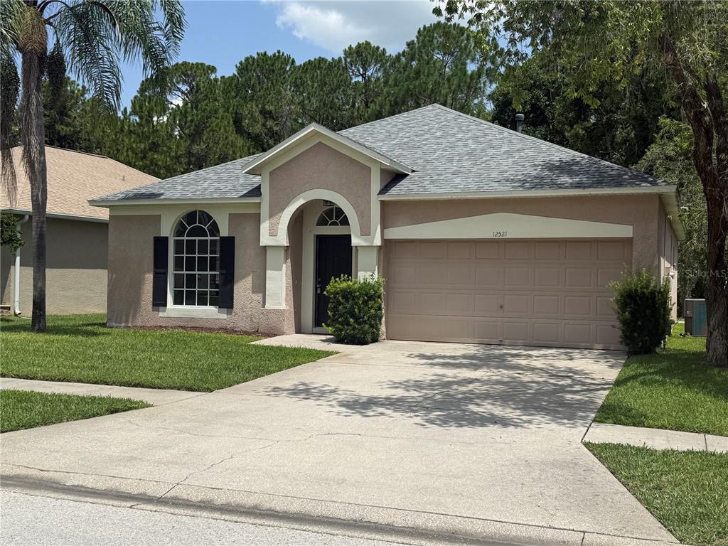 A single-story house with a beige stucco exterior, a gray shingled roof, and a two-car garage — 12521 SPARKLEBERRY ROAD, TAMPA, FL