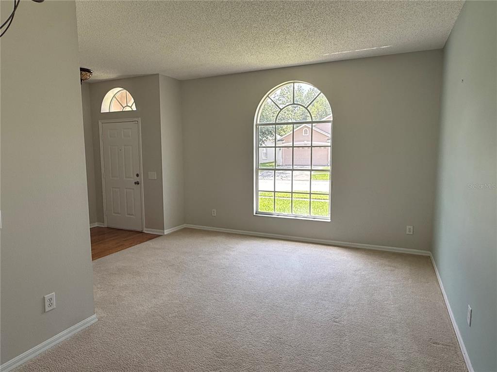 An empty room features beige carpeting, light gray walls, and a large arched window — 12521 SPARKLEBERRY ROAD, TAMPA, FL