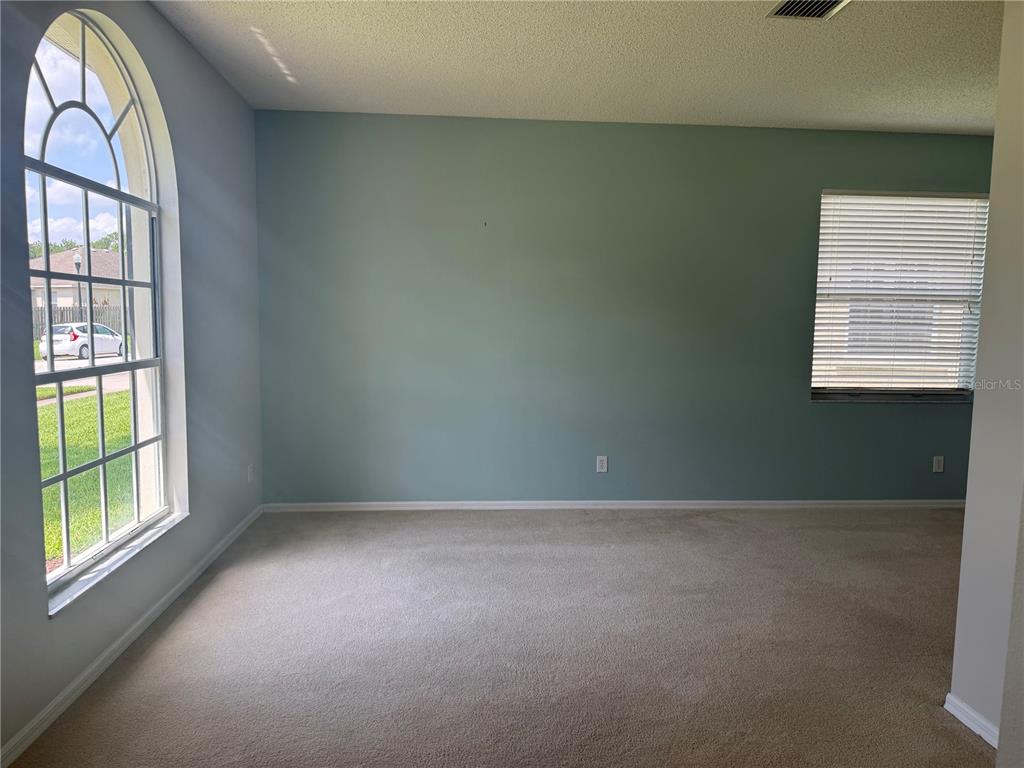 An empty room features light blue walls, beige carpeting, an arched window, and a standard window — 12521 SPARKLEBERRY ROAD, TAMPA, FL