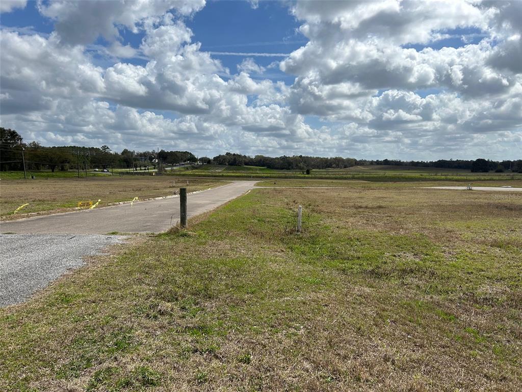 A paved road leads through a vacant, grassy lot under a cloudy blue sky — NW US-441, ALACHUA, FL