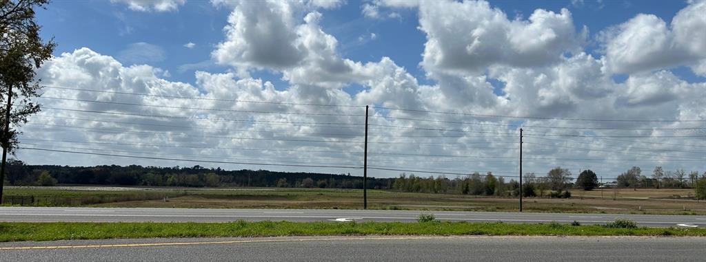 A wide, flat, grassy field sits adjacent to a paved road under a cloudy sky — NW US-441, ALACHUA, FL