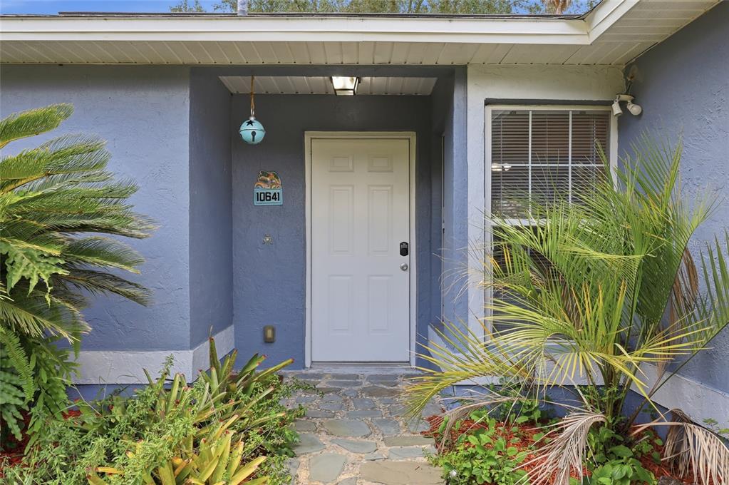 The front entrance of a blue house features a white door, stone walkway, and landscaping — 10641 LAKE RALPH DRIVE, CLERMONT, FL