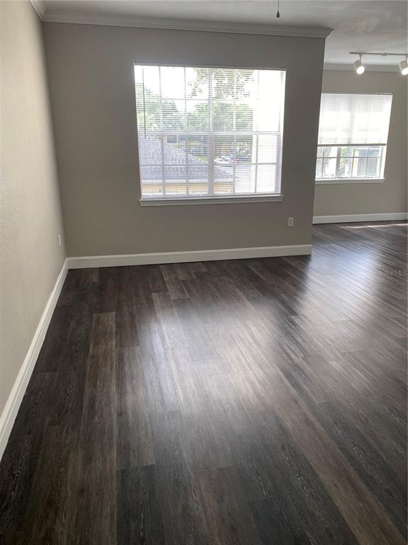 An empty room features dark wood-look flooring, light gray walls, and two windows with blinds — 2558 ROBERT TRENT JONES DRIVE UNIT 1424, ORLANDO, FL
