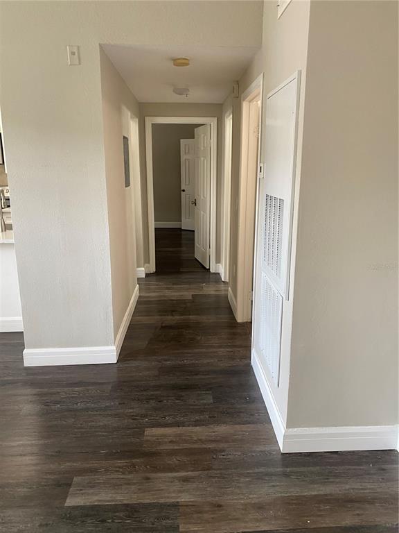 A hallway with dark wood-look flooring leads to an open doorway and interior doors — 2558 ROBERT TRENT JONES DRIVE UNIT 1424, ORLANDO, FL