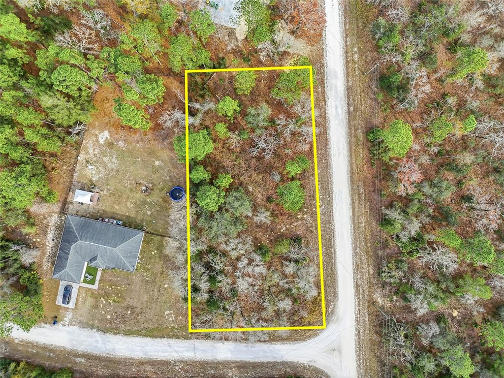 An aerial view shows a rectangular, wooded vacant lot outlined in yellow next to a house — 16364 CAYMAN ROAD, BROOKSVILLE, FL