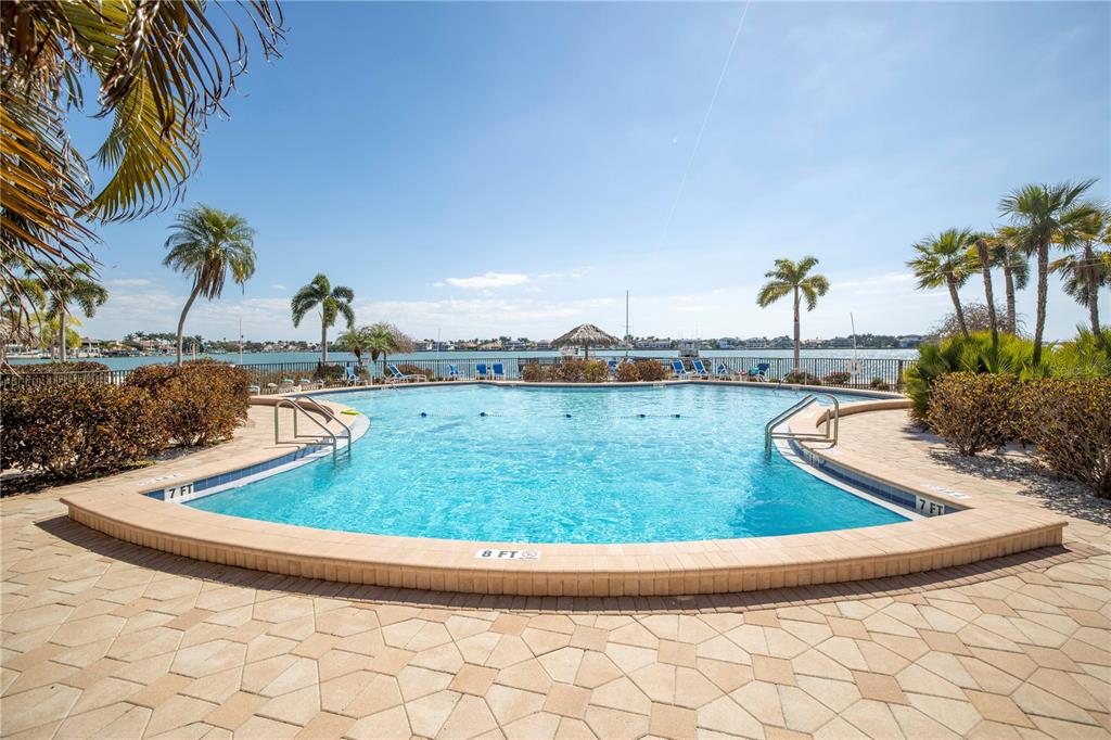 A swimming pool with a brick deck overlooks a bay with palm trees and houses — 5108 BRITTANY DRIVE S UNIT 204, ST PETERSBURG, FL