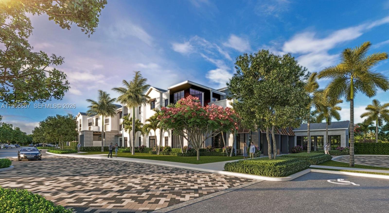 This is a digital rendering of a modern multi-story building with palm trees and landscaping — 11590 Hagen Ranch # B1, Boynton Beach FL 33437, BOYNTON BEACH, FL