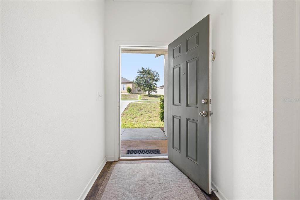 An open gray front door leads from a white entryway to a suburban residential street — 15409 IVORY GULL LANE, MASCOTTE, FL