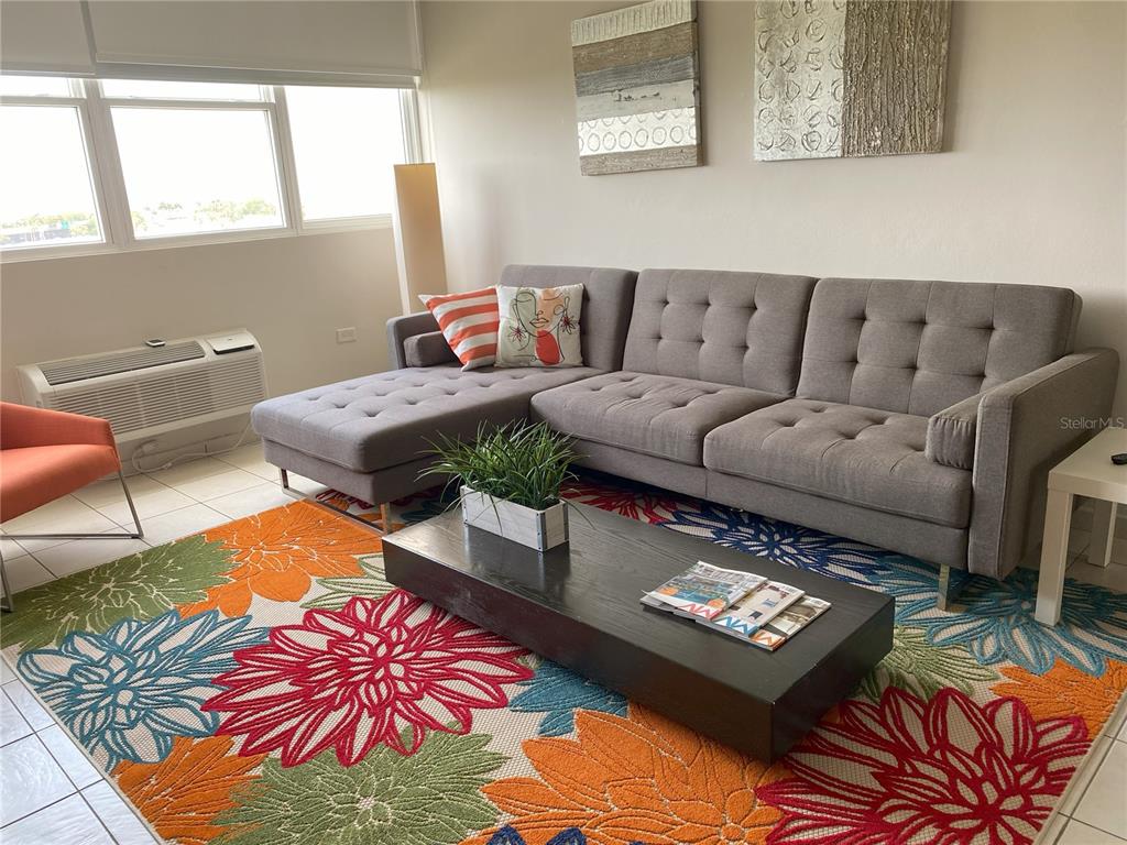 A living room features a gray sectional sofa, a dark coffee table, and a floral rug — 1020 DIAZ WAY STREET UNIT 720, CAROLINA, PR