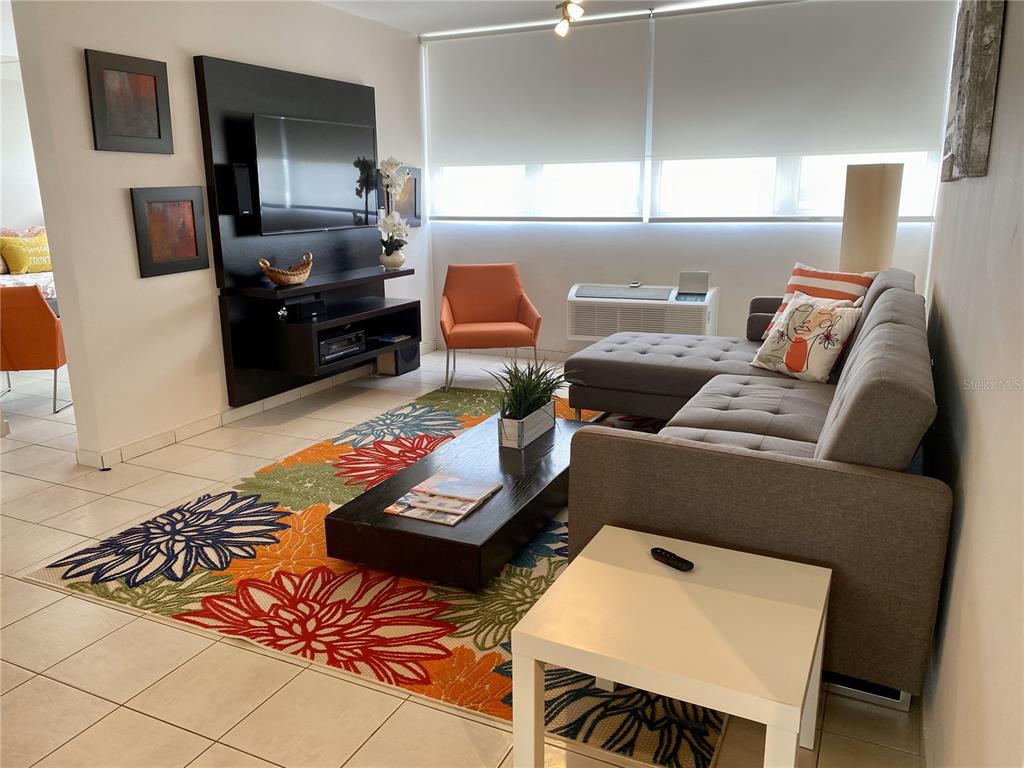 A living room features a grey sectional sofa, a colorful floral rug, and a television unit — 1020 DIAZ WAY STREET UNIT 720, CAROLINA, PR