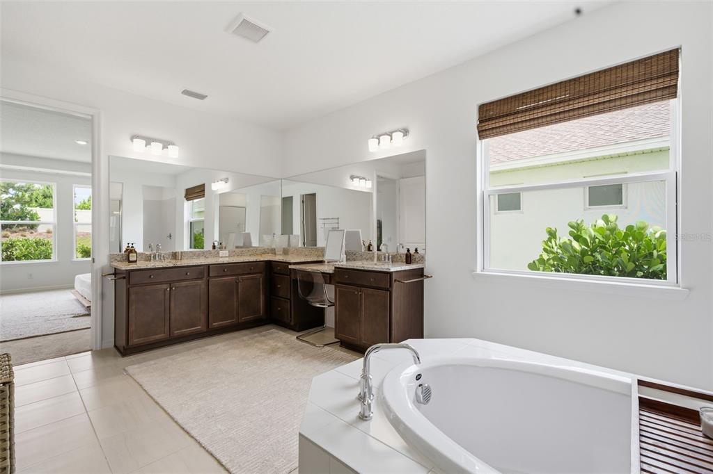A bathroom features a double vanity with dark cabinets, a soaking tub, and large mirrors — 16508 STAR GRASS CIRCLE, BRADENTON, FL