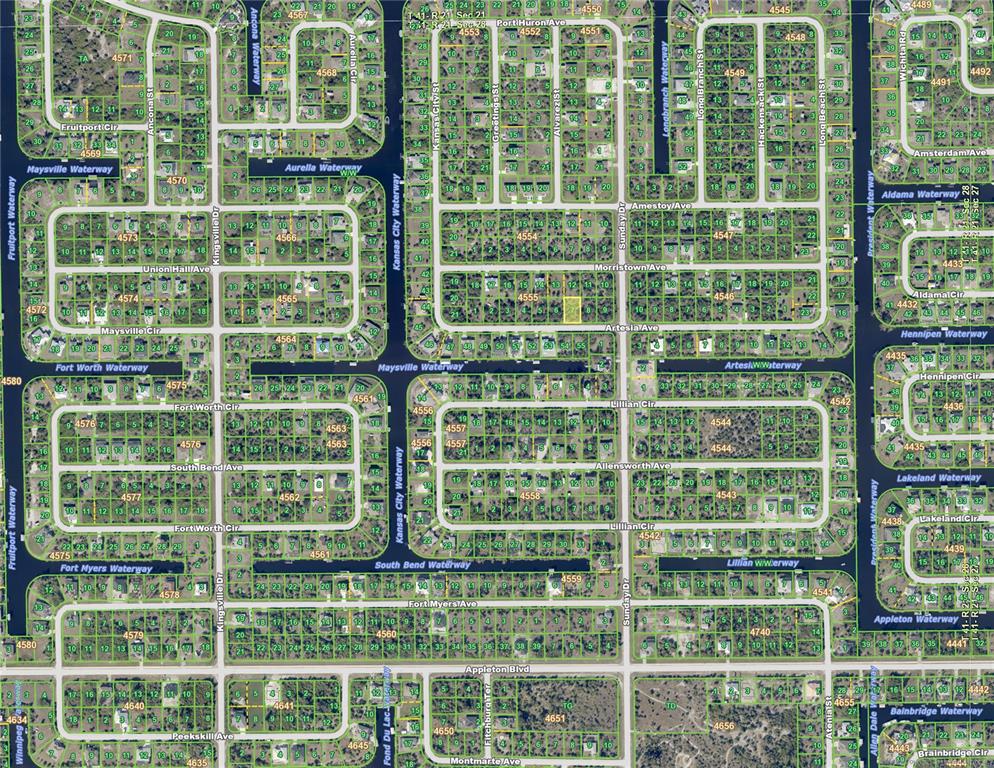 This is a map showing a residential neighborhood with streets, waterways, and individual property lots — 14332 ARTESIA AVENUE, PORT CHARLOTTE, FL