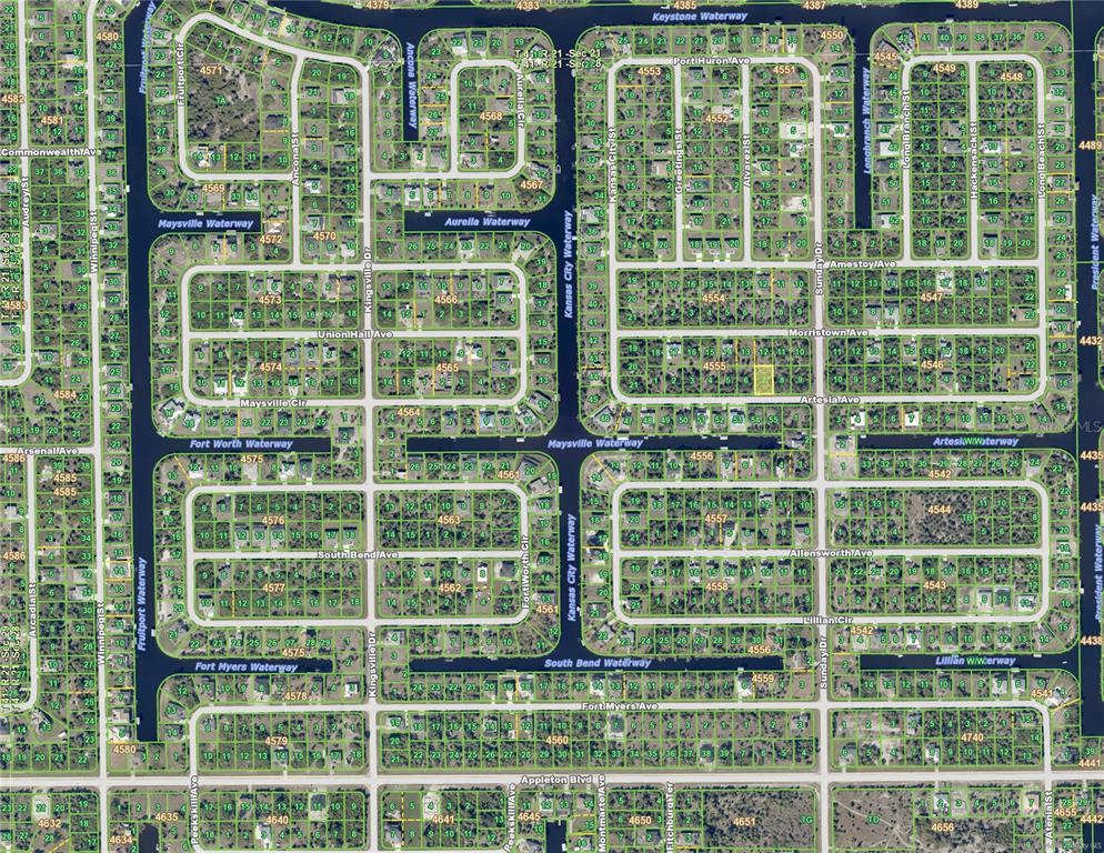This is an aerial map showing a residential neighborhood with streets and waterways — 14332 ARTESIA AVENUE, PORT CHARLOTTE, FL