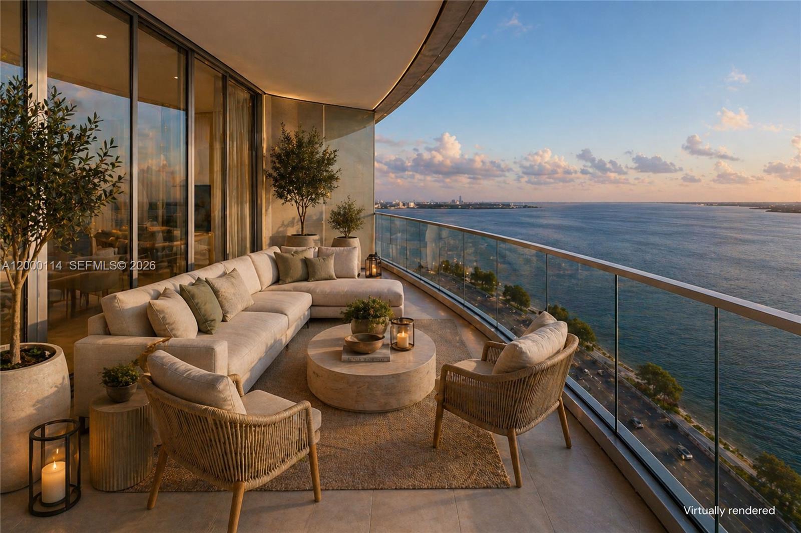This is a virtually rendered balcony featuring a sectional sofa, armchairs, and ocean views — 175 SE 25 RD # 3003, Miami FL 33129, MIAMI, FL