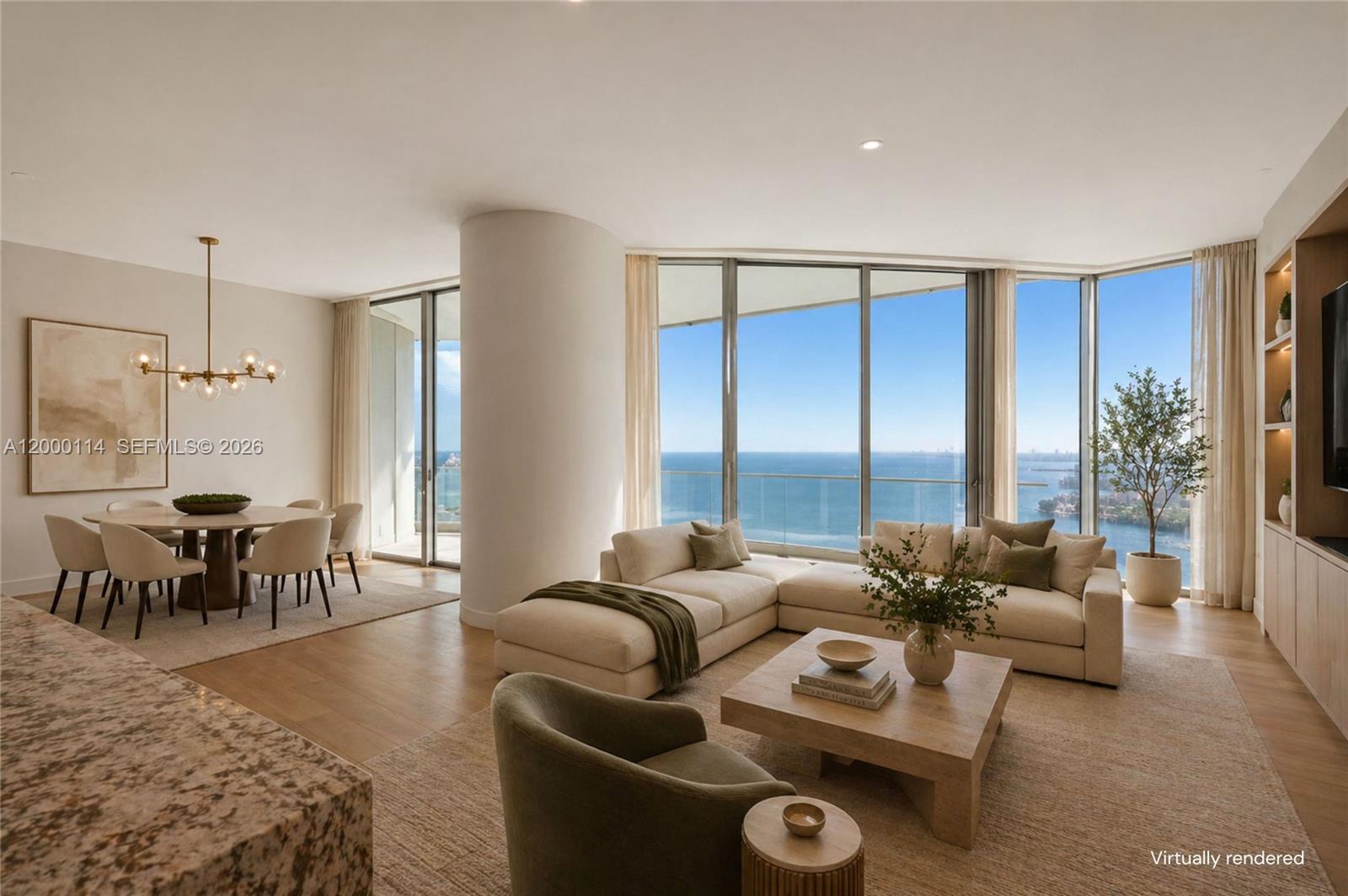 This virtually rendered living and dining area features floor-to-ceiling windows with ocean views — 175 SE 25 RD # 3003, Miami FL 33129, MIAMI, FL