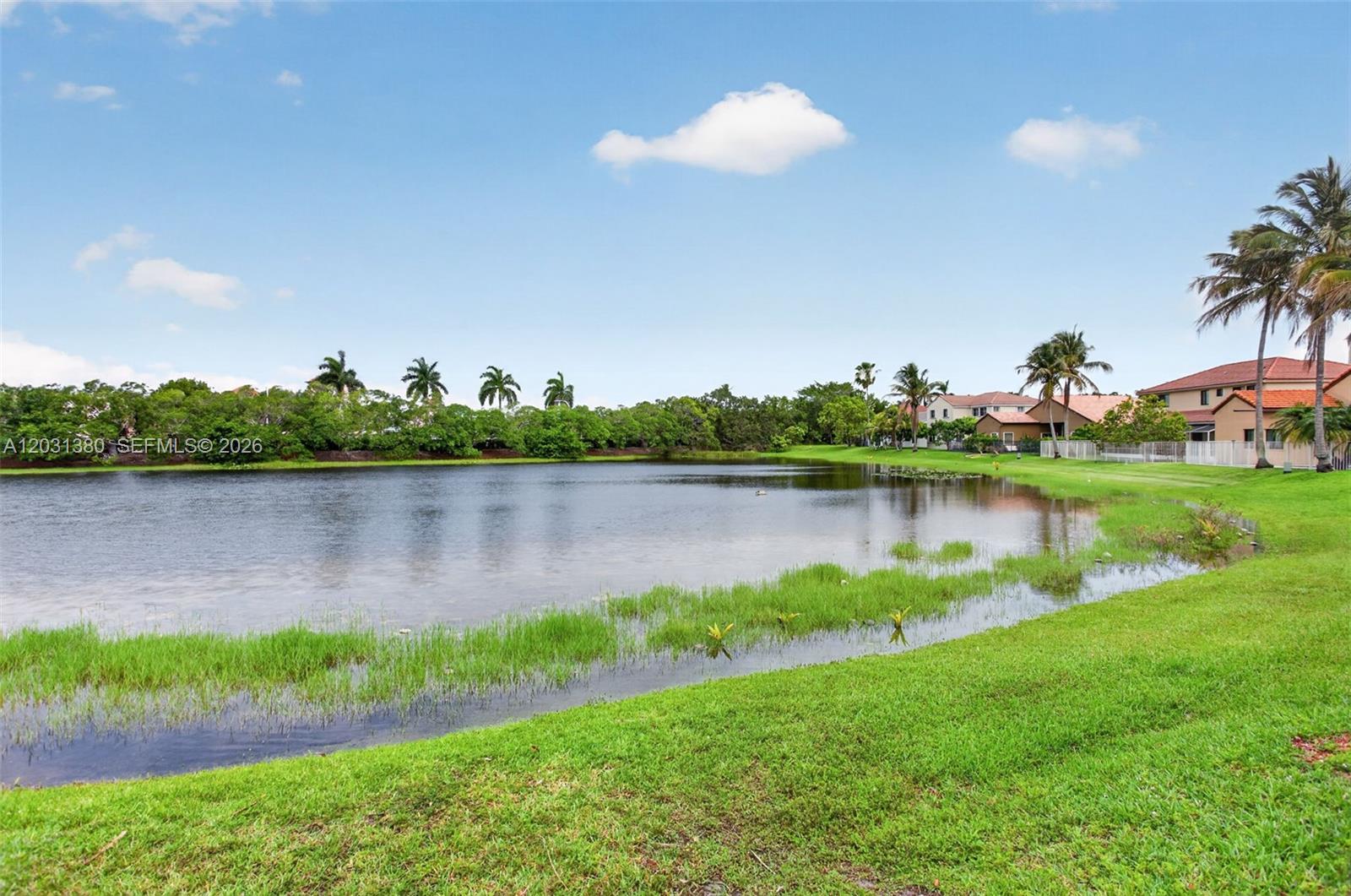 A grassy lawn slopes down to a pond with trees and houses in the background — 370 Carrington Dr, Weston FL 33326, WESTON, FL