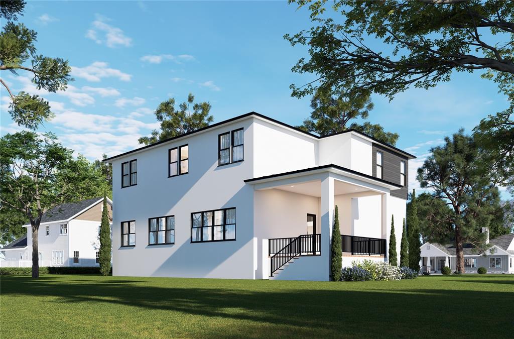 A digital rendering of a two-story white house with black window frames and a porch — 3005 W MEADOW STREET, TAMPA, FL