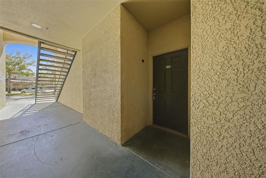 A dark brown front door is set into a beige stucco wall near outdoor stairs — 17114 CARRINGTON PARK DRIVE UNIT 201, TAMPA, FL
