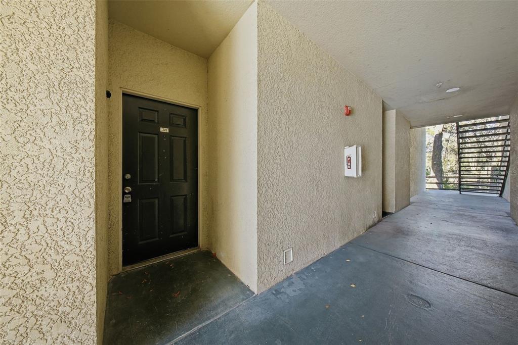 A black front door to a residential unit is located at the end of a walkway — 17114 CARRINGTON PARK DRIVE UNIT 201, TAMPA, FL