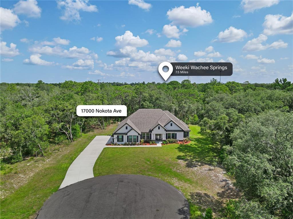 An aerial view shows a modern single-story house with a concrete driveway and surrounding trees — 17000 NOKOTA AVENUE, HUDSON, FL