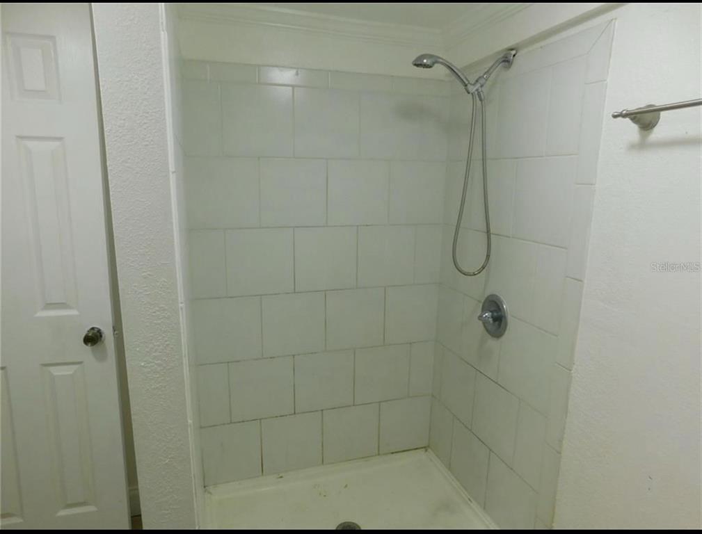 A walk-in shower with white tiled walls and a handheld showerhead fixture — 1379 S MARTIN LUTHER KING JR AVENUE, CLEARWATER, FL