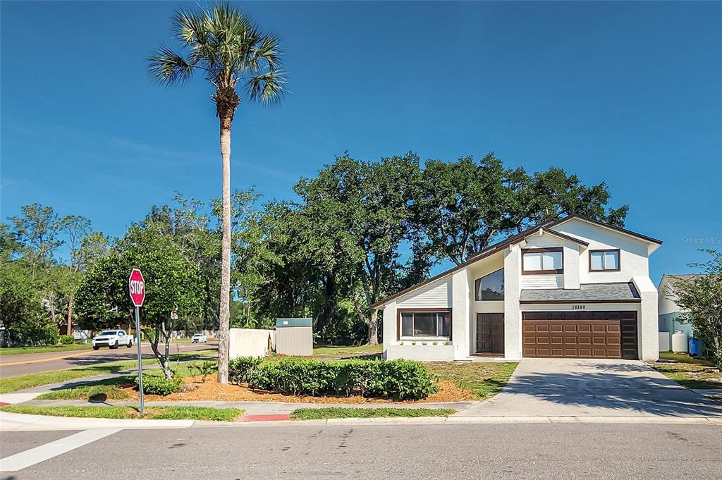 A two-story house with a brown garage door and a palm tree in the yard — 16169 GARDENDALE DRIVE, TAMPA, FL