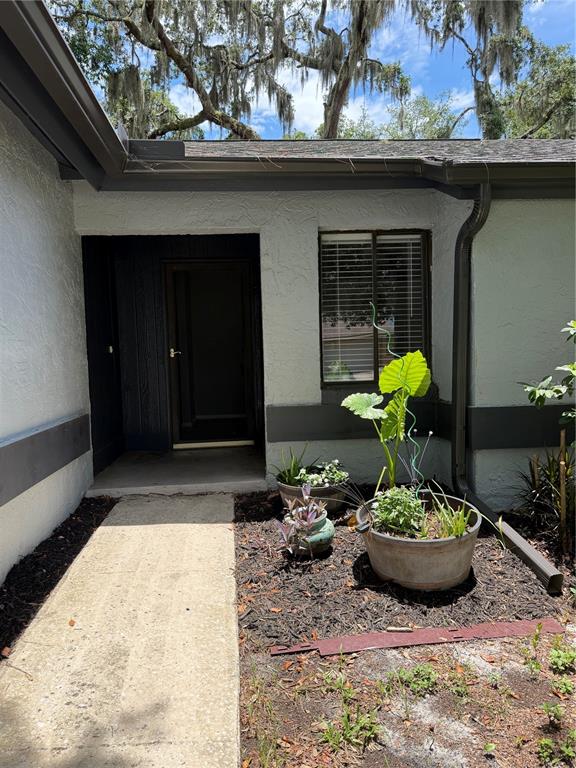 The exterior of a home features a concrete walkway leading to a dark-colored front door — 113 WINDING RIDGE DRIVE, SANFORD, FL