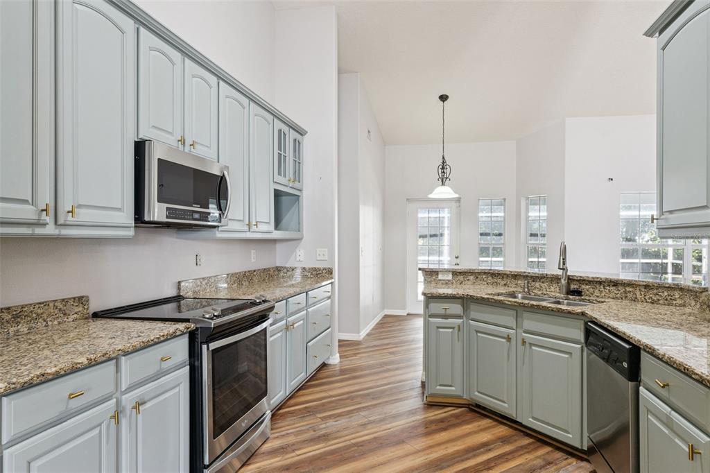 A kitchen with light blue cabinets, granite countertops, stainless steel appliances, and wood-look flooring — 4450 ABACO DRIVE, TAVARES, FL