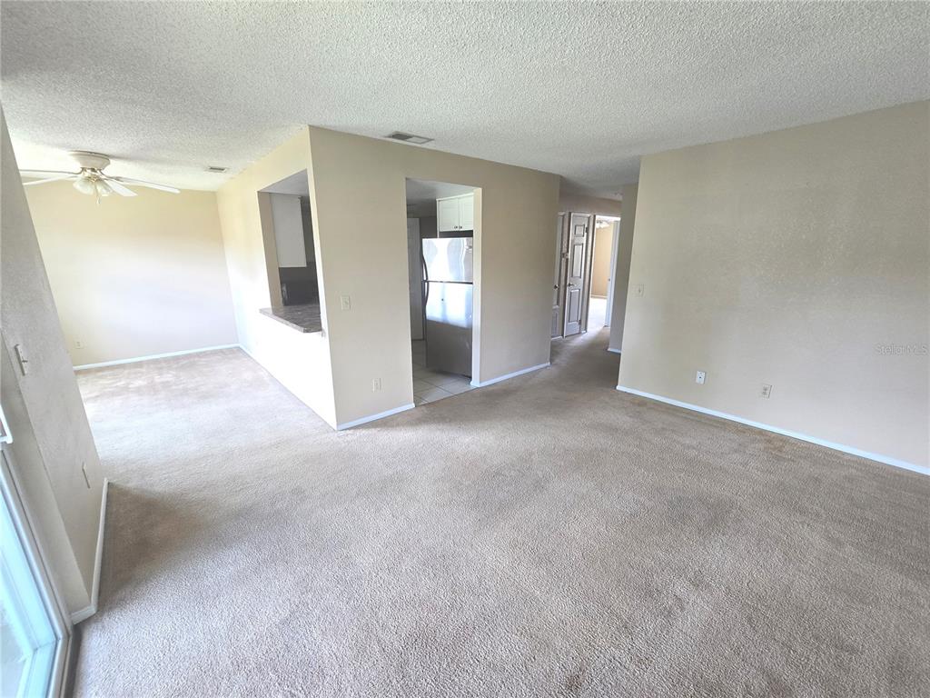 An interior view shows a carpeted living area with a kitchen pass-through and hallway — 9933 SWEEPSTAKES LANE UNIT 4, ORLANDO, FL