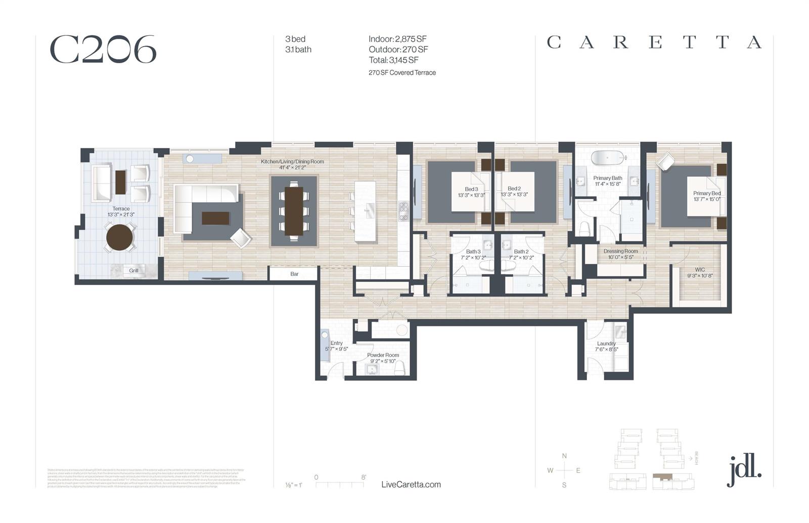 This floor plan shows a three-bedroom, 3.5-bath residential unit with a large terrace and kitchen — 1011 Us Highway 1 # C206, Juno Beach FL 33408, JUNO BEACH, FL
